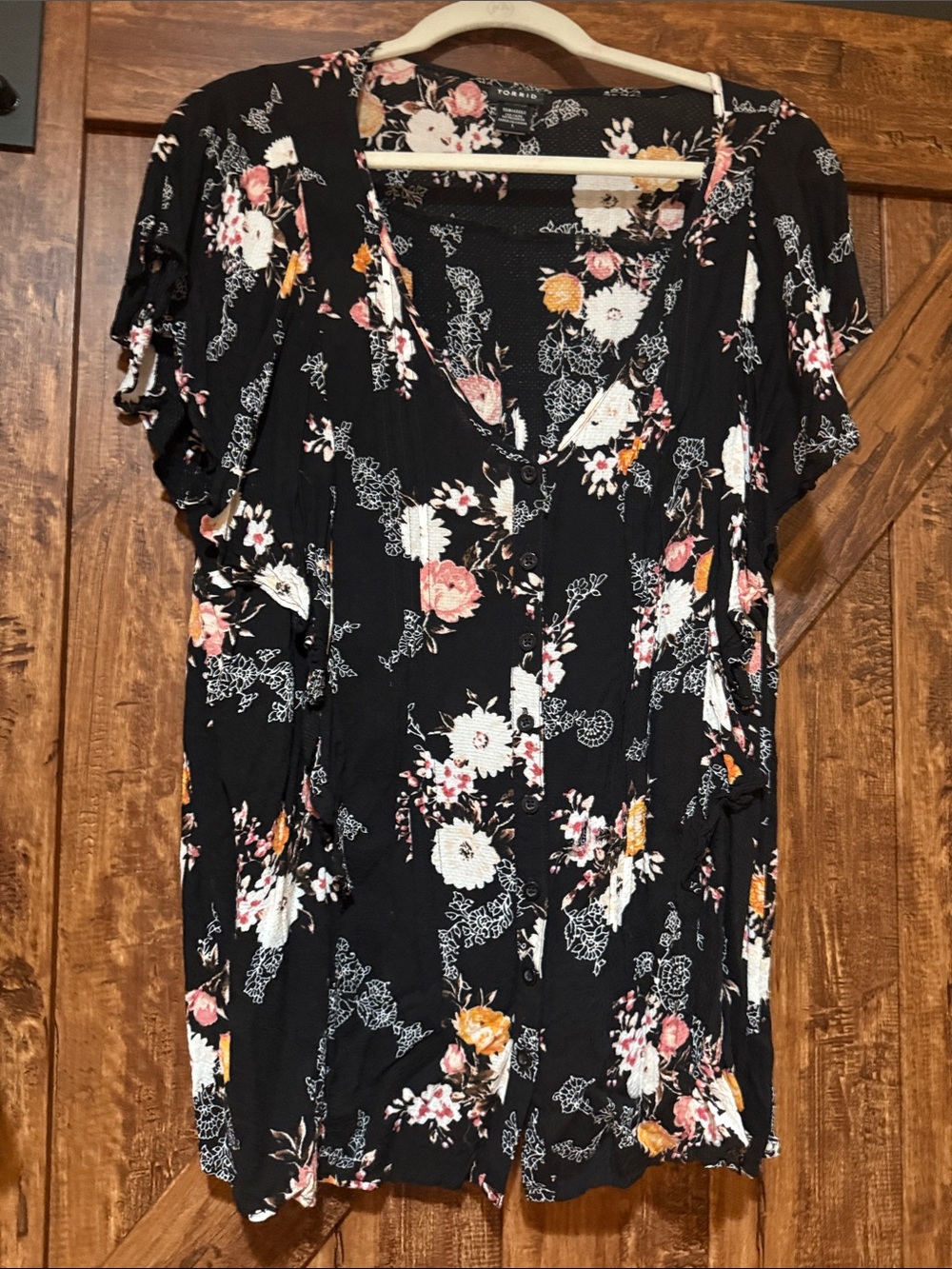torrid Black Floral Button-Front Blouse with Pink, White & Orange Flowers